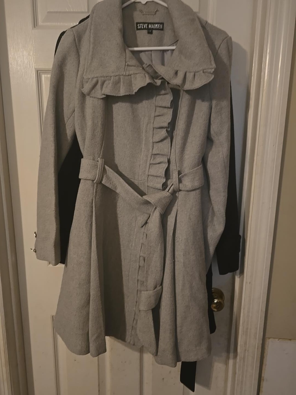 Steve Madden Gray Ruffle Belted Fit & Flare Coat Small Petite S/P